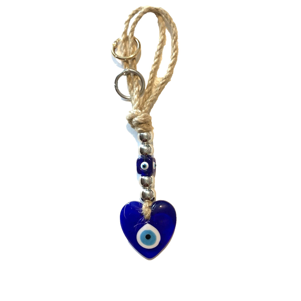 Art Glass Evil Eye Blue Key Chain Macrame' Bag Charm Silver & Gold Tone Rings